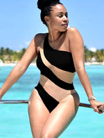 Splicing Mesh See Through One Shoulder Female Swimwear One Piece Swimsuit Women High Cut Monokini Mesh Bathing Suit Swim Lady