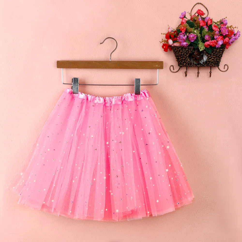 Womens Summer New Tulle Tutu Skirt Elastic Waist Silver Star Print Layered Mesh Mini Skirt Fluffy Carnival Party Dance Skirts