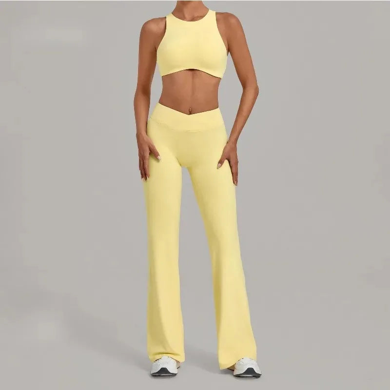 Women's Seamless Yoga Sets Sports Gym Fitness High Waist Hip-lifting Flared-pants Sleeveless Vest Workout Training Running Suits