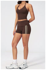 Color Blocked Yoga Suit 2 Pieces Women Slim Sports Tank Top High Waist Leggings Shorts Outfit Tight Outdoor Running Fitness Suit