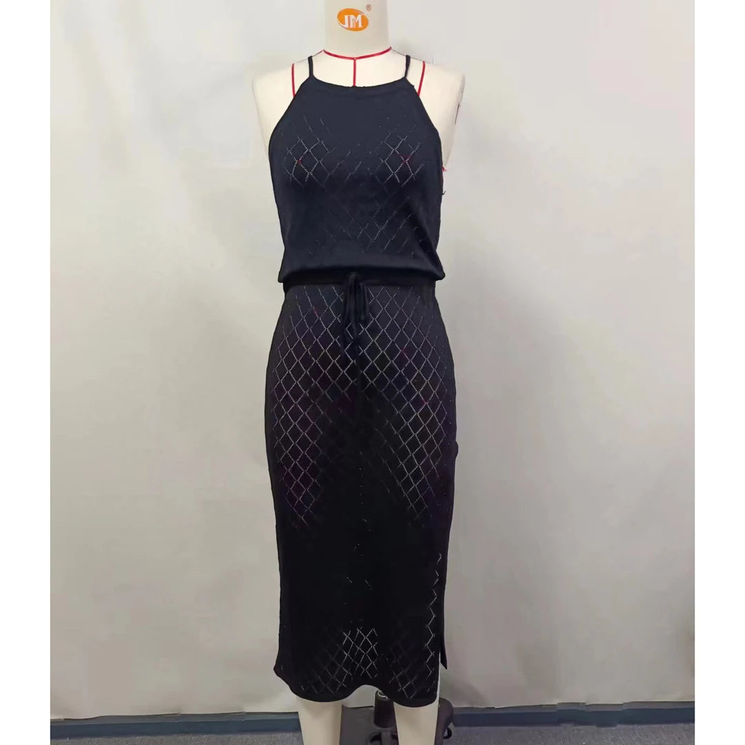 Halter Backless High Leg Cut Crochet Knitted Tunic Beach Cover Up Cover-ups Beach Dress Beach Wear Beachwear Female Women V5753