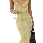 Sexy Elegant Flower Print Slim Long Dresses Women V-neck Low Cut Leace-up Backless Package Hip Bodycon Sleeveless Dress Female