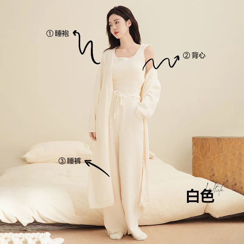Women Autumn Winter New Half Velvet 3 Piece Pajama Set Thick Plush Loungewear with Bathrobe Soft Cozy Casual Home Sleepwear
