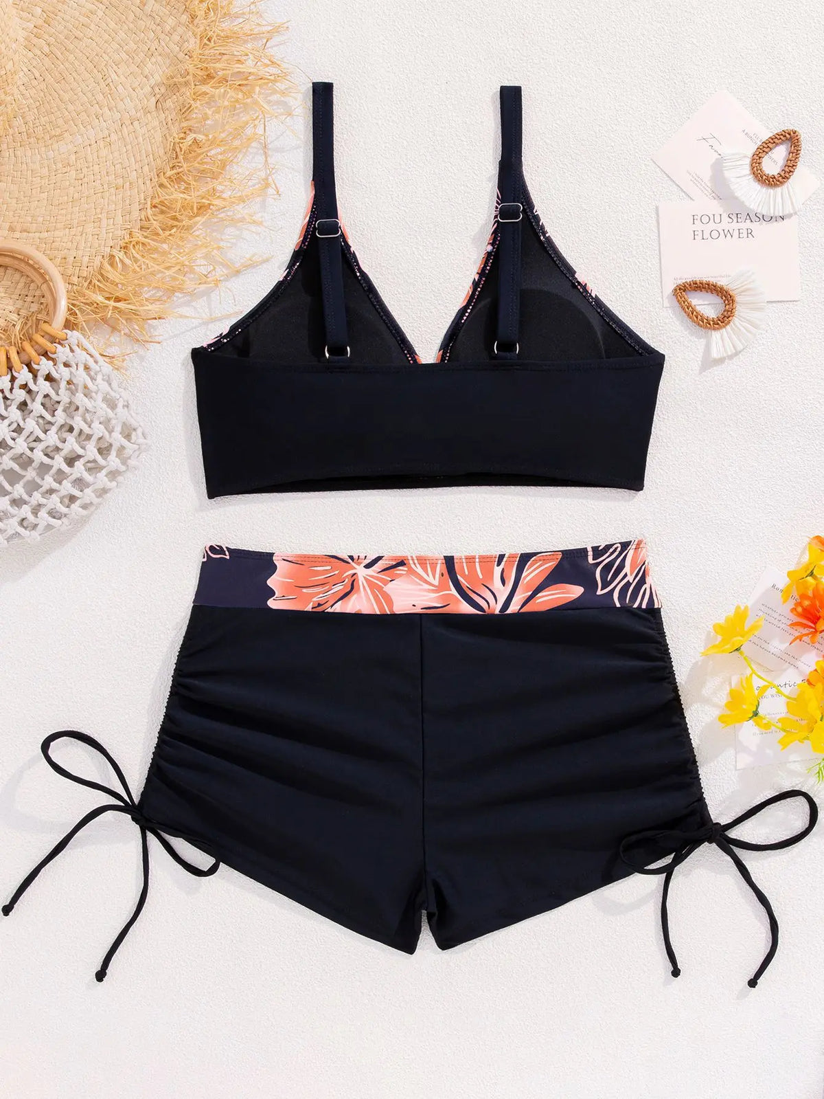 Women's Two-Piece Swimsuit Cross Strap Backless Bikini Floral Print Sports Fit Bodycon Polyester Fabric Swimming Water Sport