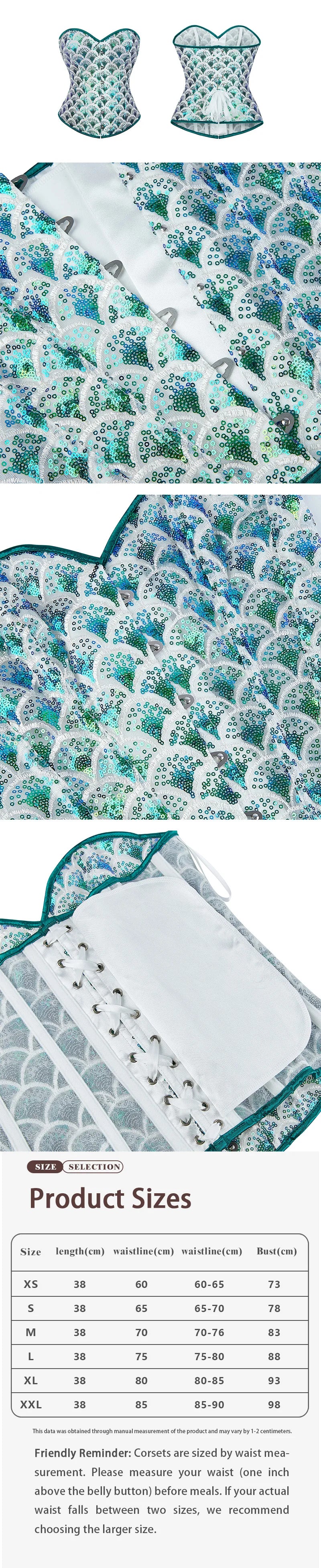 Women’s New Peacock Green Sequin Corset, Strapless Boned Bustier Top, Push-up Waist Cinching Shapewear with Fish Scale