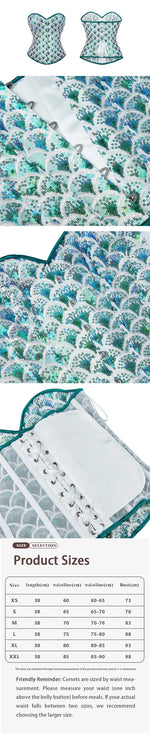 Women’s New Peacock Green Sequin Corset, Strapless Boned Bustier Top, Push-up Waist Cinching Shapewear with Fish Scale
