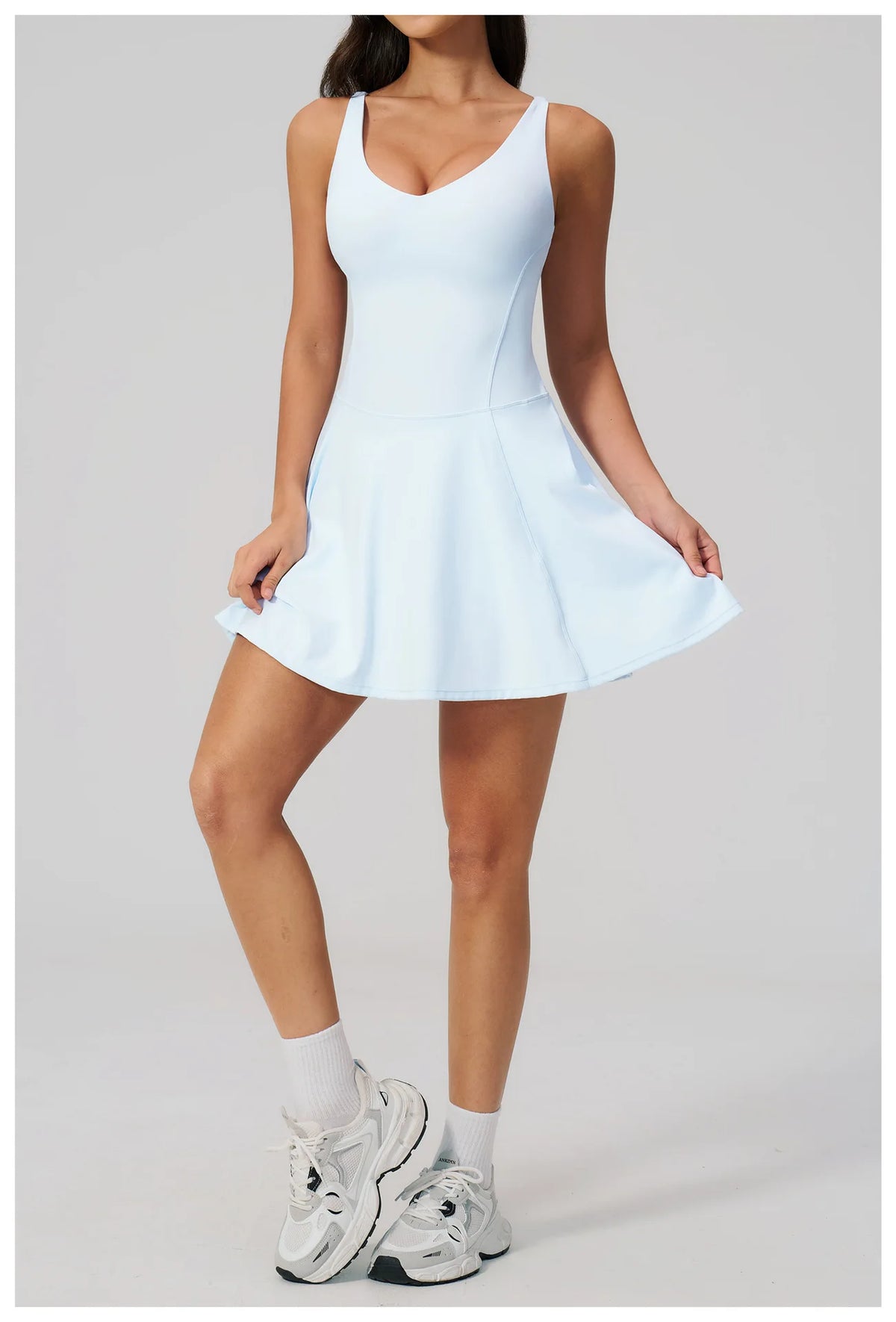 Bodycon Tennis Dress with Shorts Pocket Women Speed Dry Sleeveless V Neck One Piece Sport Outfit Short Dress Fitness Yoga Set