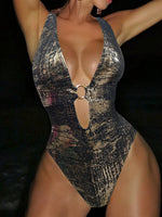 Golden Glitter Deep V Neck Female Swimwear One Piece Swimsuit Women Backless Monokini High Leg Cut Bathing Suit Swim Beachwear