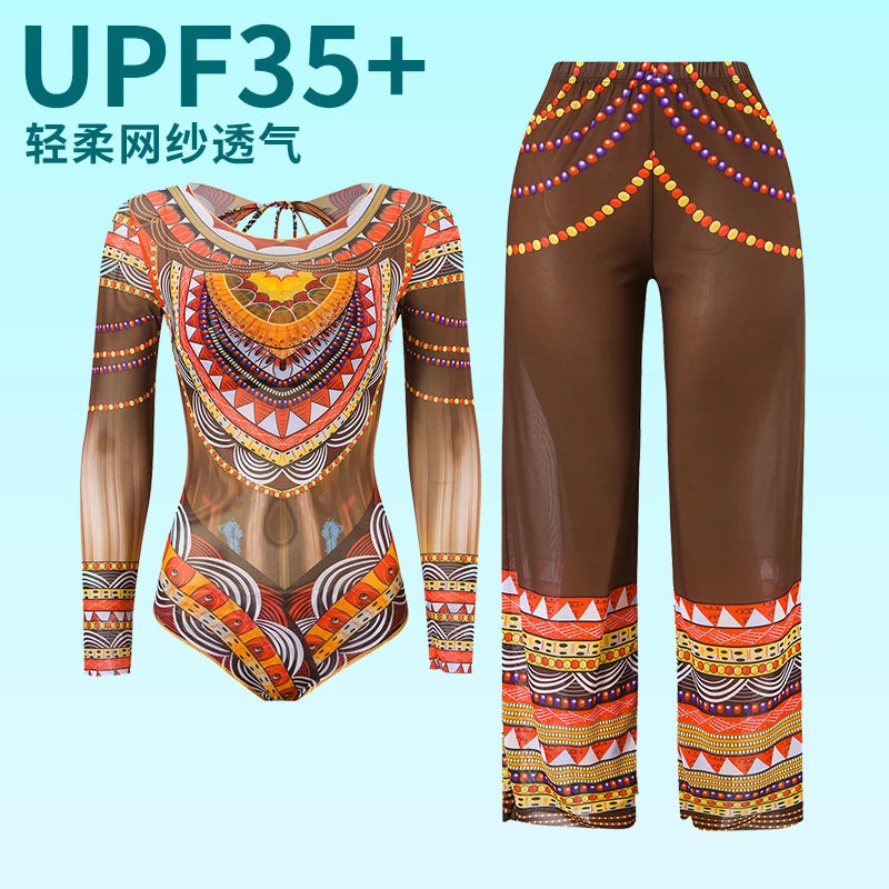 2025 Long Sleeve Sheer Sun Protection One-Piece Set Swimsuit Women Sexy Rash Guard Swimwear Bodysuit Beachwear With Cover up