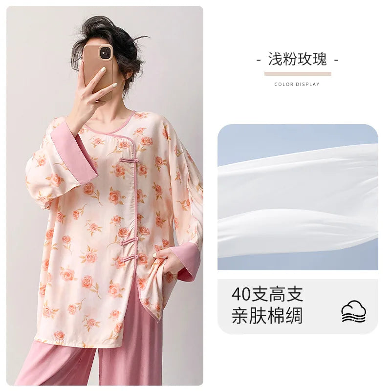 Plus size mother's cotton silk pajamas spring and summer new Chinese style can be worn outside home clothes Mother's Day gift
