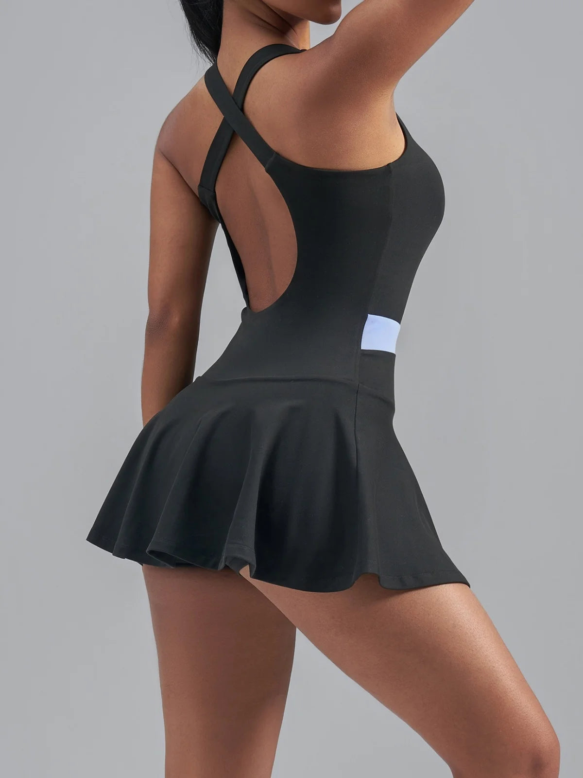 Women's Color Blocked Tennis Dresses Women Hollow Back Cross One Piece Sports Suits Built in Shorts with Pocket Yoga Golf Skirt