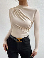 Casual Pleated Mock Neck Long Sleeve T-shirt for Women Autumn Winter Spring Solid Color Ruched Skinny Slim Fit Blouse Top Tshirt