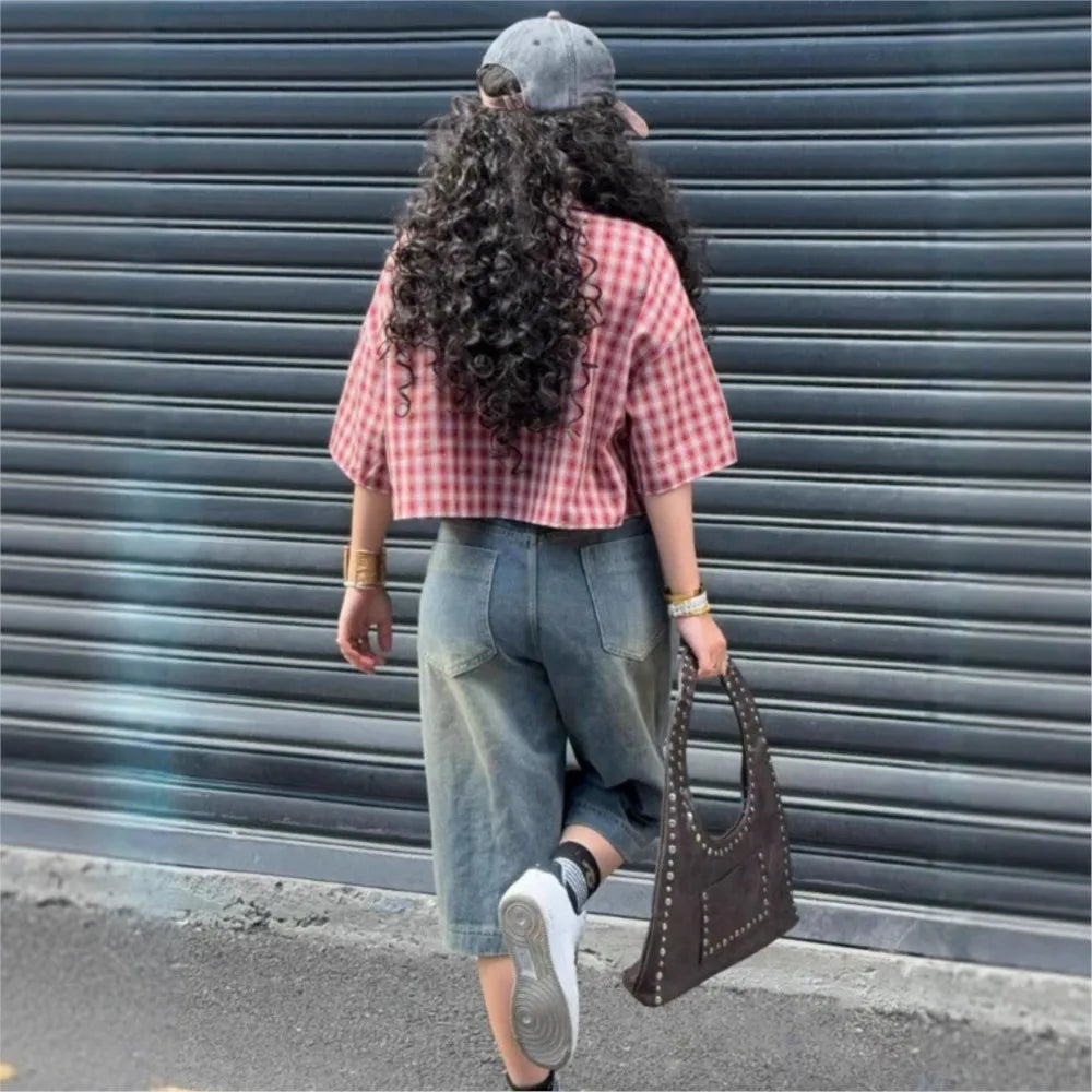 Casual Shirts Shirts & Blouses Women's Clothing Simple Style Street Personality Contrast Lattice Quarter Sleeves Fashion Trendy