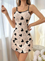 Heart Print Casual Frill Trim Sleepwear Women's Sexy Lingeire Nightdress Round Neck Backless Slip Dress Comfortable Nightgown