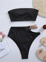 Bandeau Bikini 2025 Women Sexy White Black Cut Out Metal High Waist Swimsuit Female Off Shoulder Bathing Suit Swimwear Beachwear