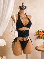 Sexy Black Plaid Print Holiday Bikinis Sets 2026 Women Bandage Cross Fishbone Top 3 Piece Swimsuit Summer Bathing Suit Swimwear
