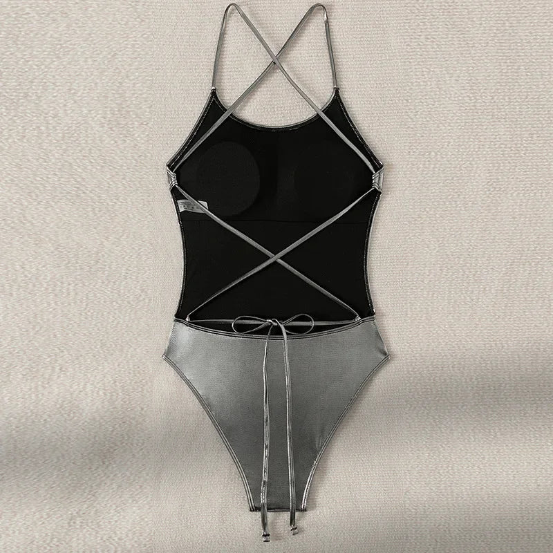 2026 New Silver Shiny Leather One Piece Swimsuit Women,U-neck Suspender Bikini,cross Strape Backless Monokini Summer Beachwear