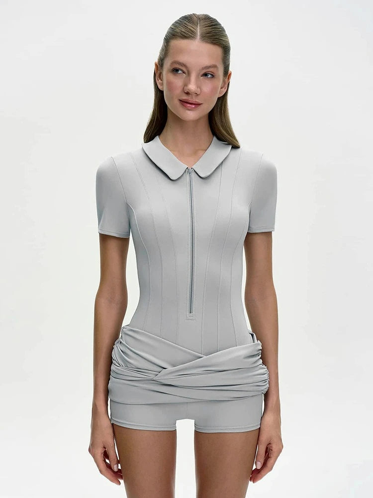 FDYOUI Women's Polo Collar Zip-up Jumpsuit Dress Chic Short Sleeve Folds Solid Bodysuits One Piece Yoga Fitness Sporty Playsuits