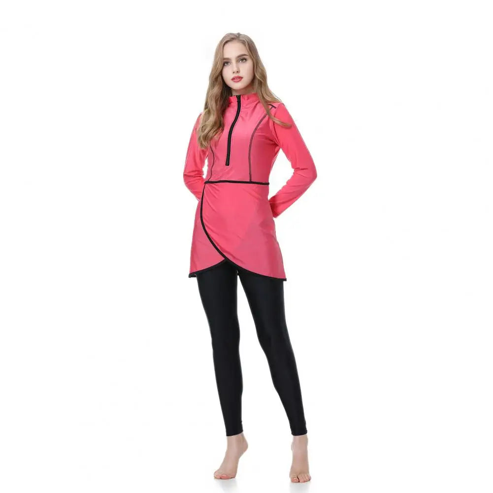 3Pcs/Set Women Split Swimsuit Front Skirt Secure Zipper Closure UV Protection Tops Long Swimming Trousers Set With Headscarf