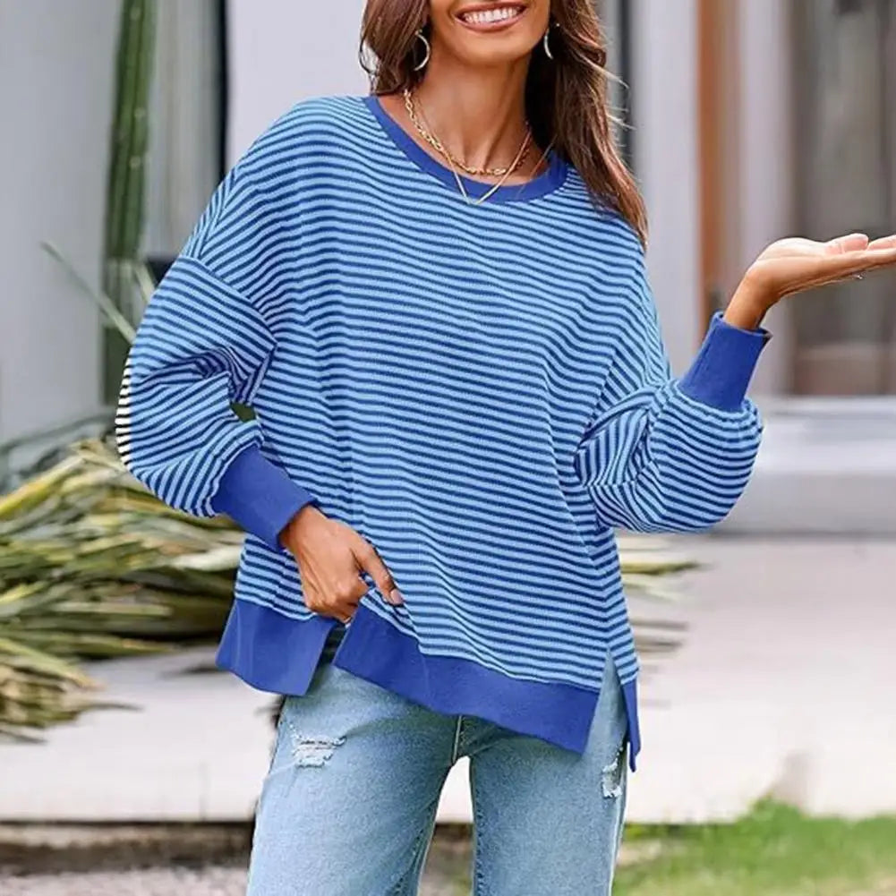 Long Sleeve Crewneck T-Shirt Split Hem Women Striped Oversized Sweatshirt Waffle Knitted Tunic Top Casual Women Sweater