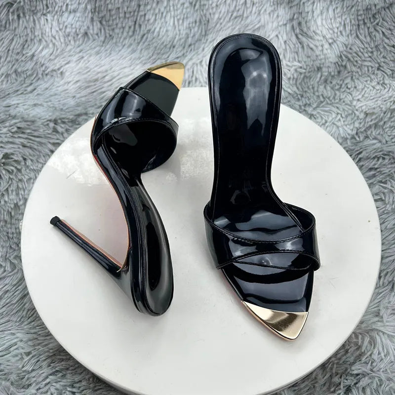 Black glossyFemale High Heels Open Toe Slides Trending Breathable Women Summer Outfit Casual Shoes12cm Sandals