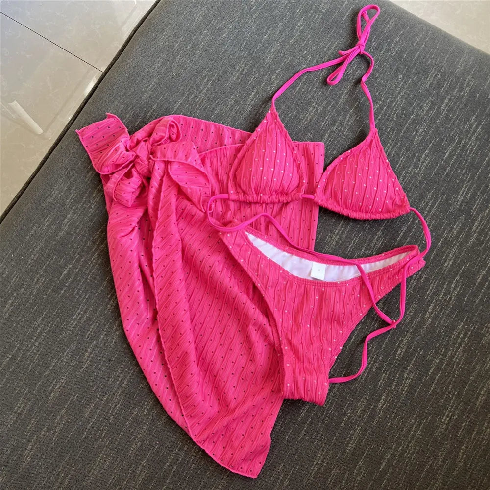 Three Piece Bikinis Sets 2026 String Halter Swimwear with Cover Up Sexy Swimsuit Women Beachwear Bathing Suit Black Mini Bikini