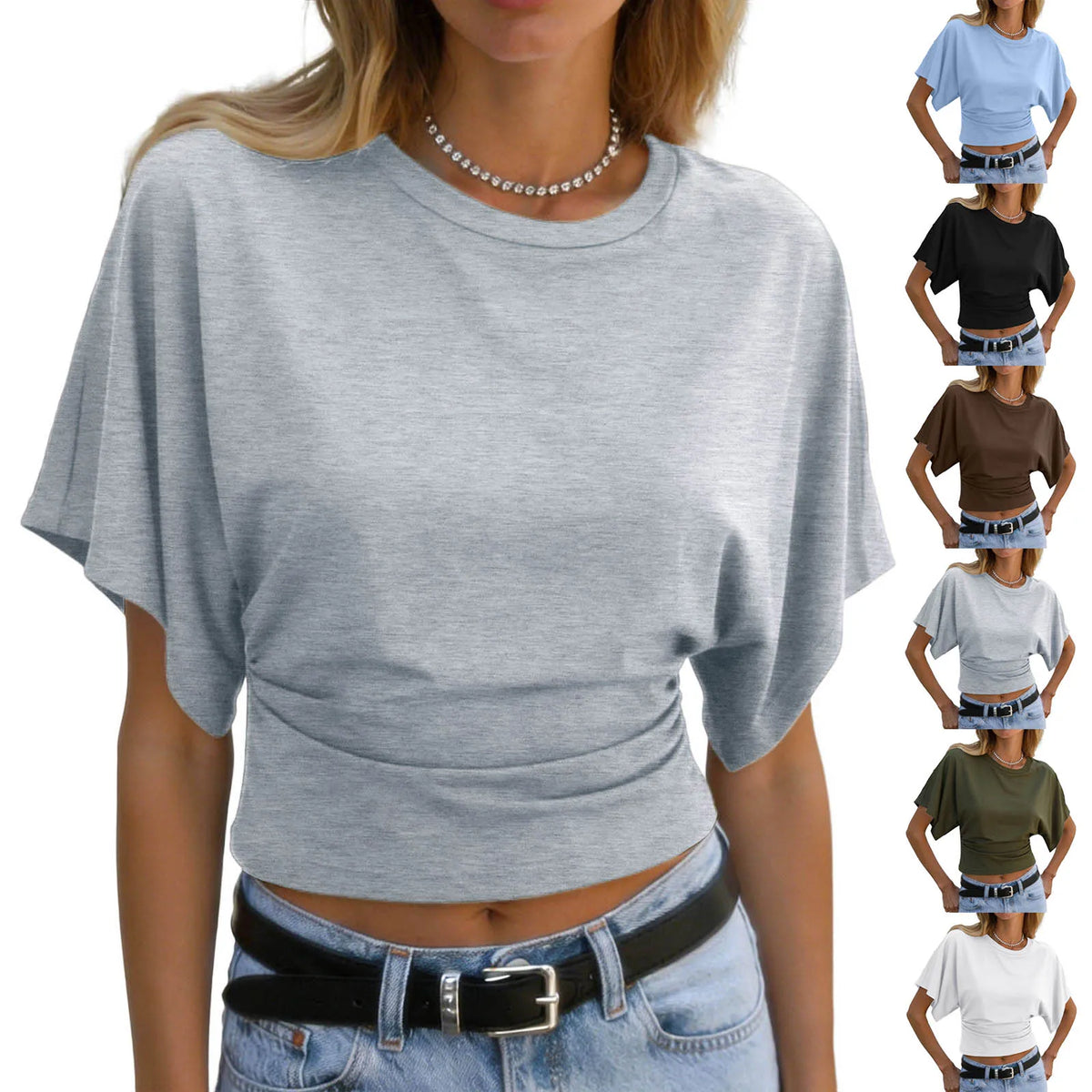 Y2k Solid Cotton O-Neck Ruched Waist Short Top Women Short-Sleeved Loose T-Shirt Causal All-Match Short Summer Basic T Shirts