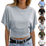 Y2k Solid Cotton O-Neck Ruched Waist Short Top Women Short-Sleeved Loose T-Shirt Causal All-Match Short Summer Basic T Shirts