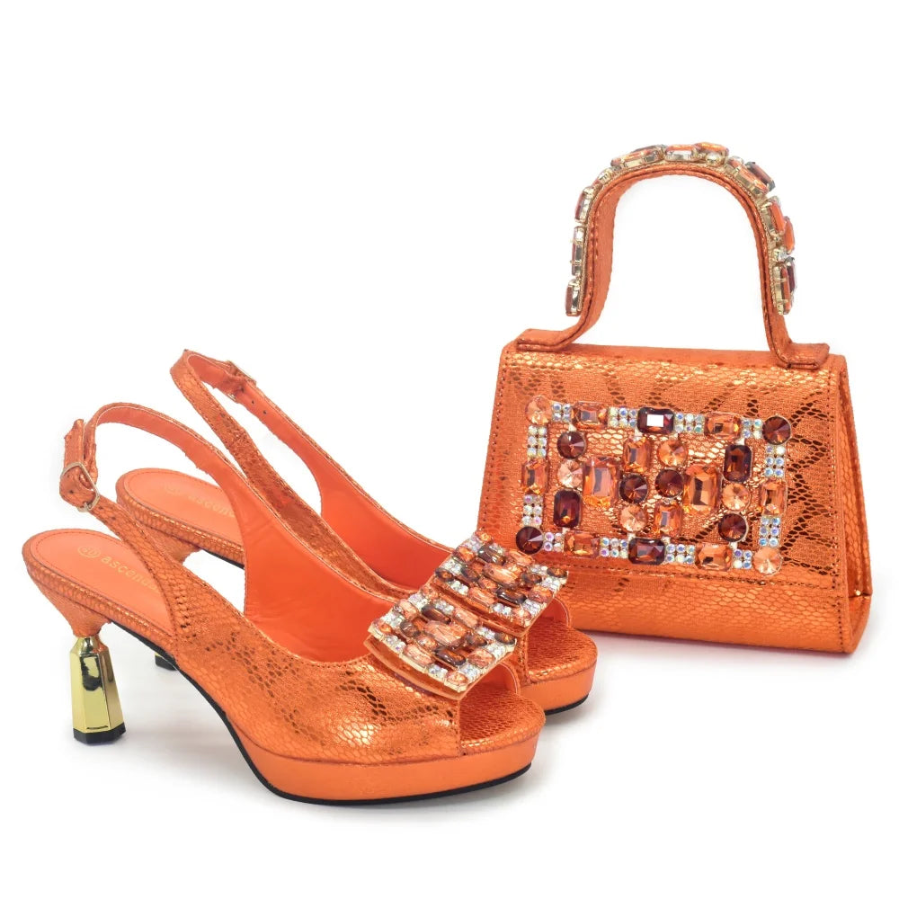 Doershow African fashion Italian Shoes And Bag Sets For Evening Party With Stones PEACH Italian Handbags Match Bags!HQ1-1