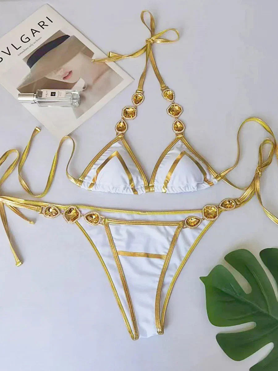 Halter Crystal Rhinestone Diamond Bikini 2025 Female Swimsuit Women Swimwear Two-pieces Bikini Set High Cut Bathing Suit Swim