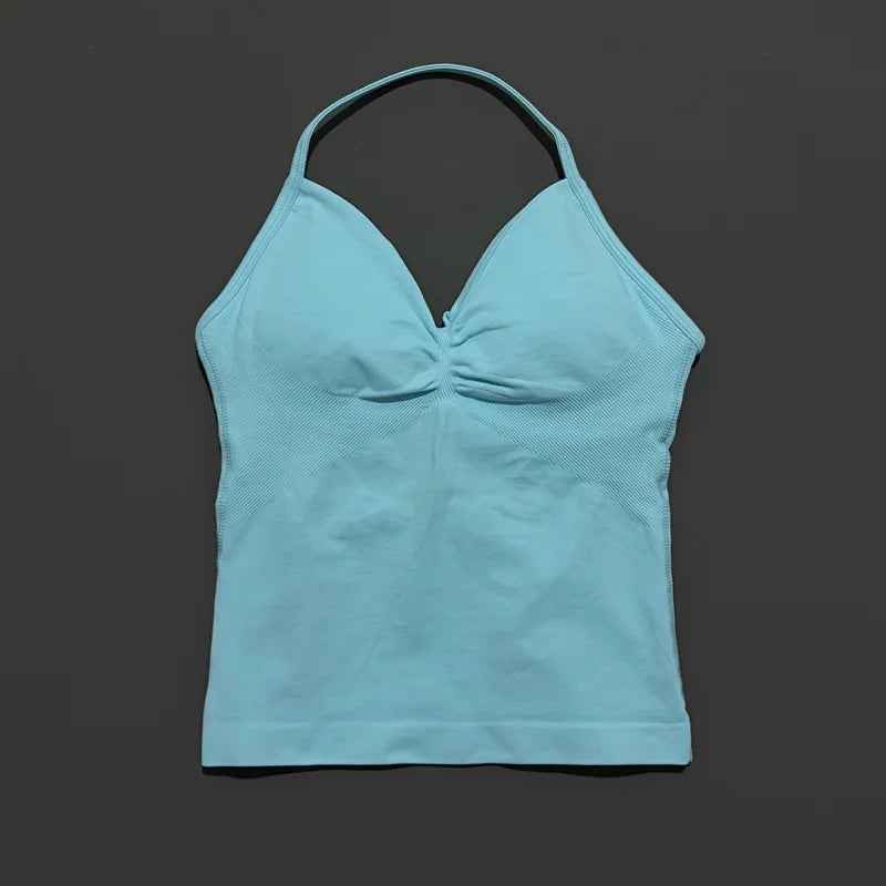 HISTELLO GYM Longline Strappy Top Women Seamless Yoga Clothing With Removable Pads V Neck Open Back Bra Workout Sports Halter