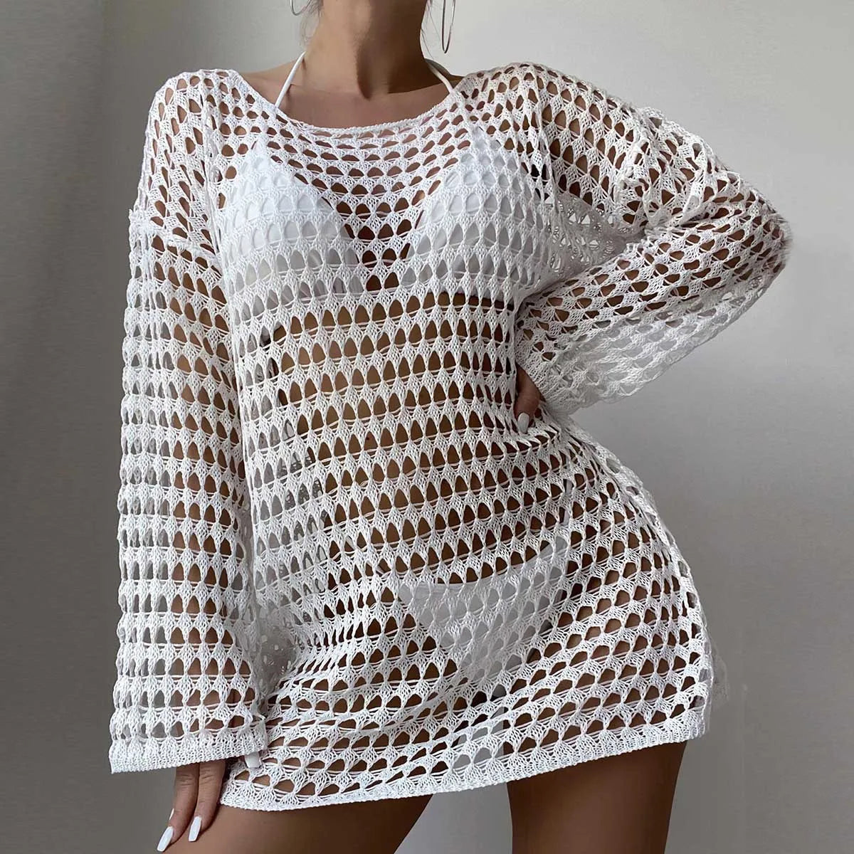 Womens Beach Cover Up Knit Solid Color Long Sleeve Dress Sexy Slim-Fit Beachwear Cover Up Beach Holiday Sun Protection Clothing
