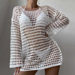 Womens Beach Cover Up Knit Solid Color Long Sleeve Dress Sexy Slim-Fit Beachwear Cover Up Beach Holiday Sun Protection Clothing