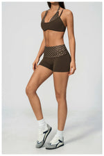 Breathable Striped Patchwork Yoga Clothing Women Fake Two-piece Sports Bra Folding High Waist Shorts Gym Running Fitness Suit