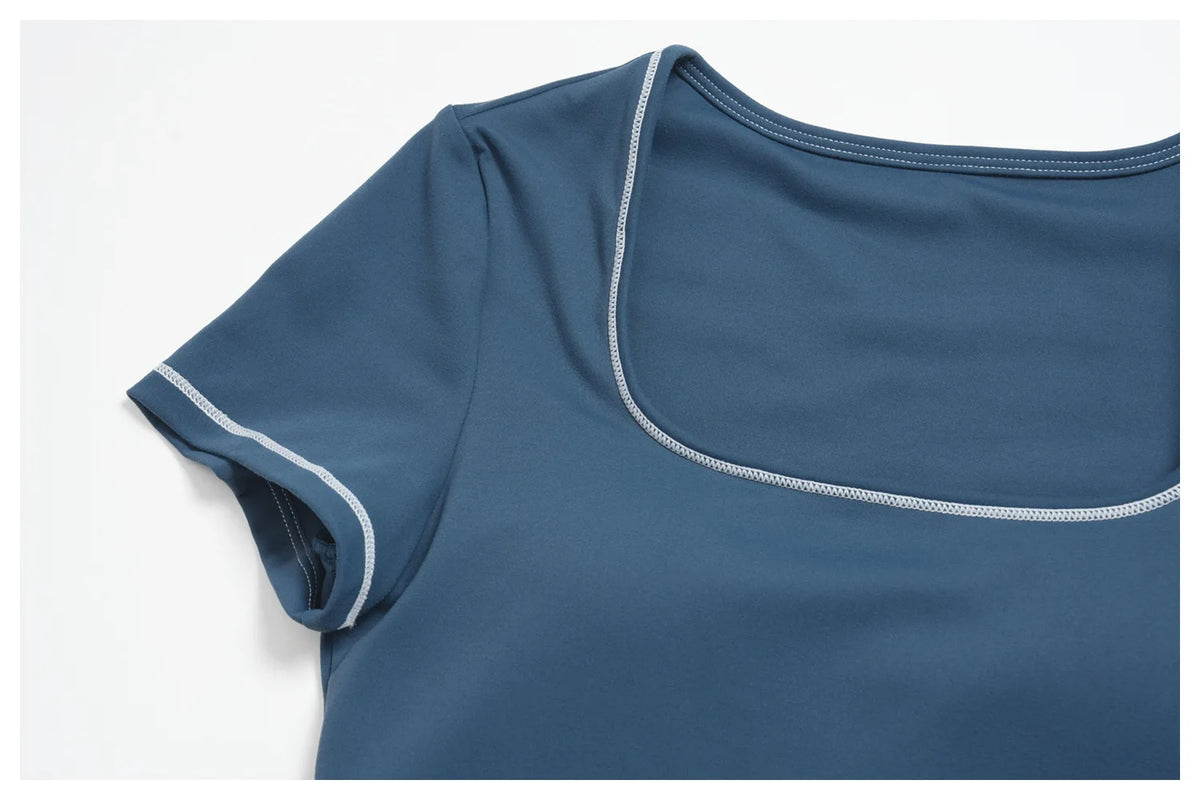 2PC Color Contrast Yoga Suit Women Short Sleeve Square Collar Slim Sports Top Fitness Suits Outdoor Exercise Leggings Tracksuit