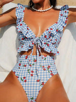 Vintage Pink Starberry Print One Piece Swimsuit 2026 Women Ruffles Bandage Cross High Waist Bikini Beach Bathing Suit Swimwear