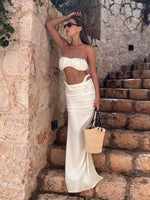 Ruched Bandeau Swimsuit Strapless 3 Piece White Bubble Bikini Sets White High-Cut Maxi Skirt Swimswear Luxury Beach Outfit K264