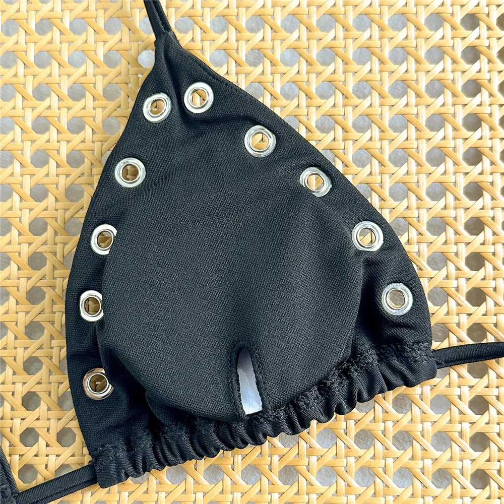 Sexy Black Rivet Holes Micro Bikini Thong Set Swimsuit Women 2026 String Halter Triangle Swimwear Bathing Suit Bikinis De Mujer