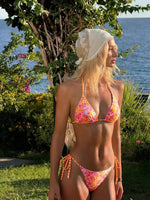 Womens Green Yellow Brazil Print Halter Tie Side Bikini Set For Beach Pool Vacation