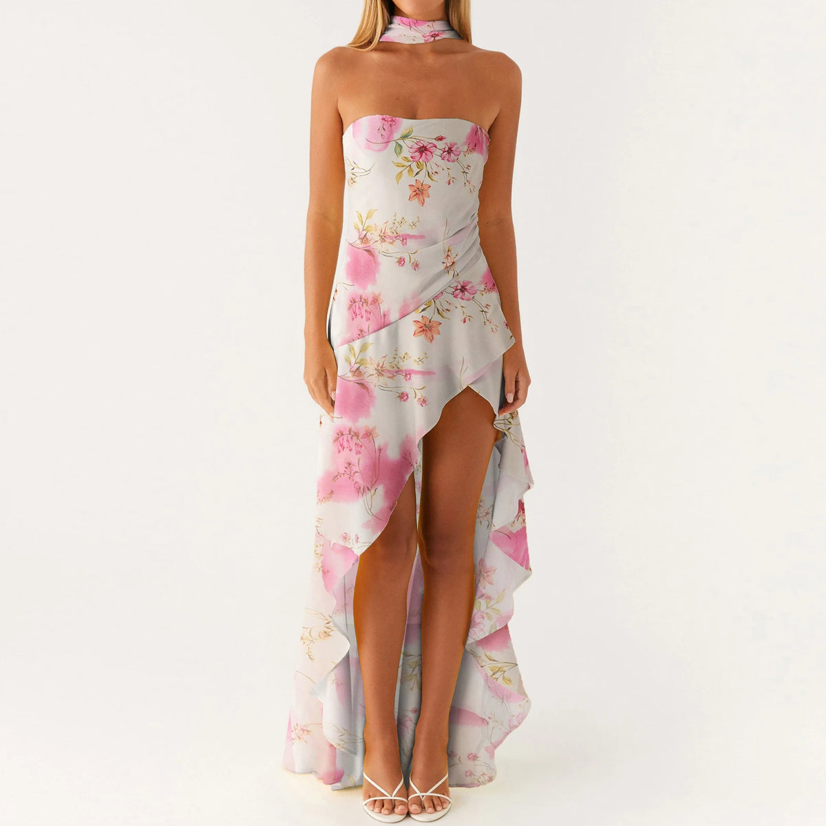 Women Summer Casual Tube Dress Fashion Solid Color/Floral Print High Low Ruffles Long Dresses with Scarf