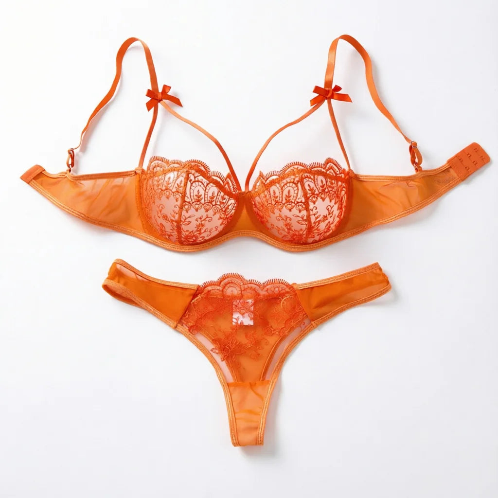 Sexy Orange Lace Lingerie Set Women Push Up Bra and Panty Set Butterfly Bow Underwear Female Intimates Sleepwear ZA824057