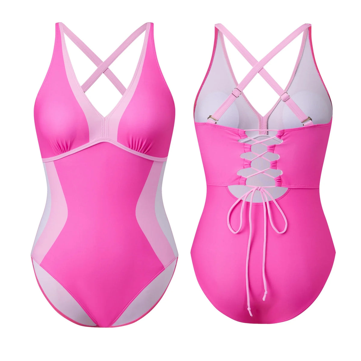 Women Bikini Contrast Color Monokini Swimsuit V-Neck Tie Back Sleeveless Bodysuit Swimwear for Beachwear Bathing Suits
