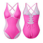 Women Bikini Contrast Color Monokini Swimsuit V-Neck Tie Back Sleeveless Bodysuit Swimwear for Beachwear Bathing Suits