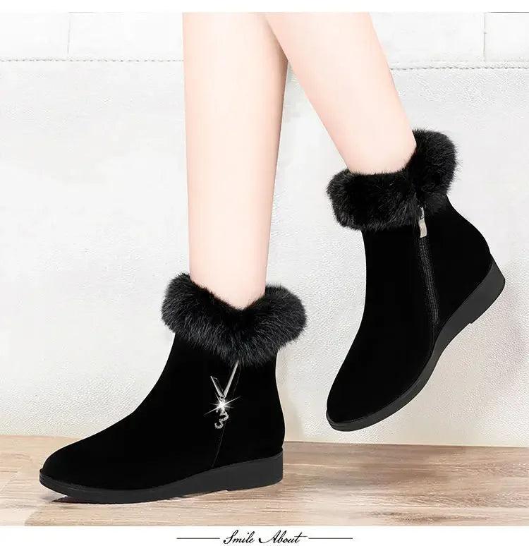 Plush Womens Boots Comfortable Hick-soled Fur Shoes Fashion Ladies Shoes Zipper Women Vulcanized Shoes Anti-slip Chaussure Femme