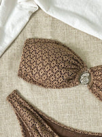 Sexy Bandeau Bikini Set Women Brown Metal Chain Push Up Bra Drawstring Thong Swimsuit 2026 Summer Bathing Suit Micro Swimwear