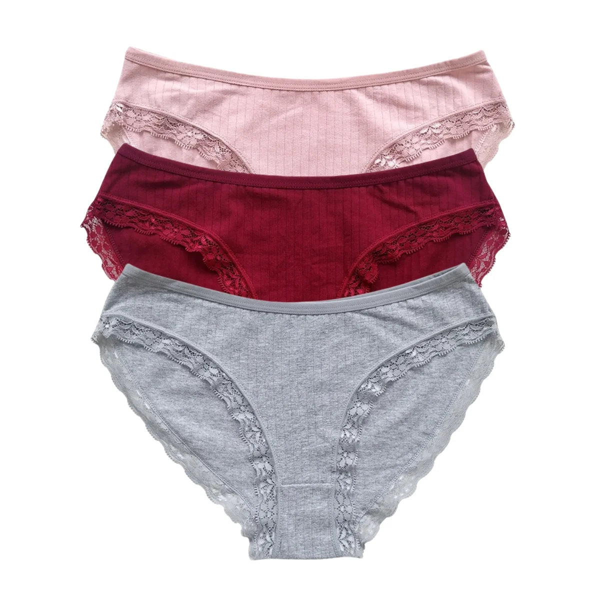 3Pcs/Set Cotton Panties Women Lace Trim Briefs Female Underpants Solid Color Soft Underwear Sexy Lingerie Intimates M-XL