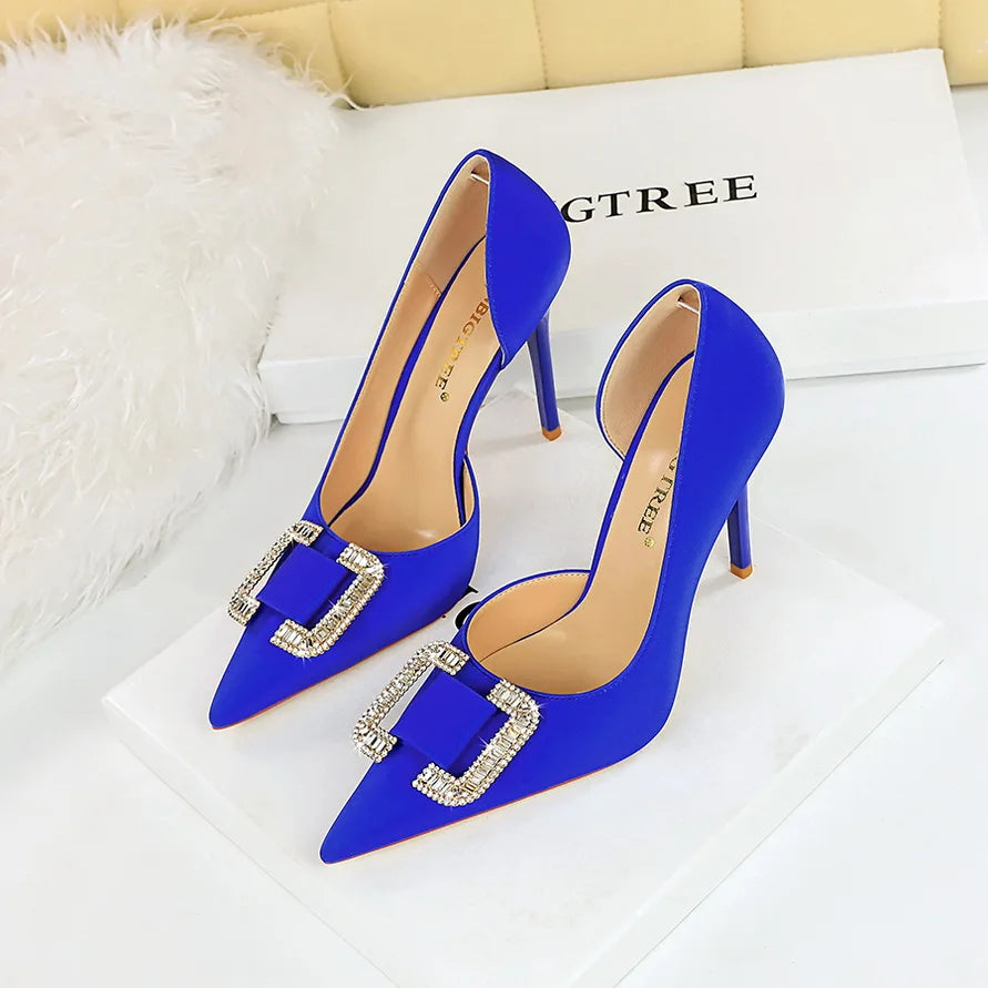 BIGTREE Pumps Elegant Pointed Crystal Buckle Slim High Heel Single Shoes Women Silk Spring/Summer High Heel Pumps Wedding Dress