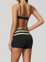Breathable Striped Patchwork Yoga Clothing Women Fake Two-piece Sports Bra Folding High Waist Shorts Gym Running Fitness Suit
