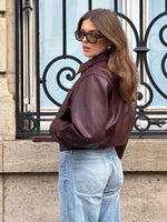 Foridol Wine Red Vintage Faux Leather PU Coat for Women Long Sleeve Turn Down Collar Zipper Autumn Winter Coat Jacket