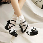 New Women Summer Leather Shoes Thick Square Heeled Sandals Marty Lolita Princess Ankle Shoes Large Size 45 46 47 48 Black White